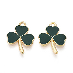 Темно-Зеленый Подвески из сплава с эмалью ко Дню Святого Патрика, клевер амулеты, золотые, темно-зеленый, 21x16x1.5 мм, отверстие : 1.8 мм