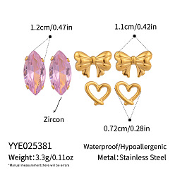 Pink 3 пары 304 комплекты сережек из нержавеющей стали, конский глаз, сердце и бант, с кубического циркония, золотые, розовые, 7.2~12 мм