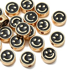 Черный 20 Шарики из сплава эмали шт., золотые, плоские круглые с улыбающееся лицо, чёрные, 8x4 мм, отверстие : 1.6 мм