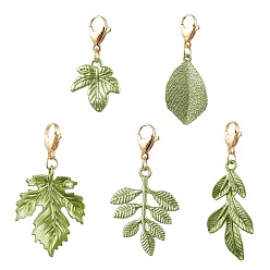 Yellow Green Painting Alloy Leaf Pendant Decorations, Lobster Claw Clasps Ornaments for Bag Key Chain, Yellow Green, 38.5~63mm, Leaf: 22~46x19~30x1.5~3.5mm