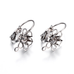 Stainless Steel Color Tarnish Resistant 304 Stainless Steel Leverback Earring Findings, with Loop, Flower, Stainless Steel Color, Tray: 4mm, 22x10.5x14.5mm, Hole: 1.5mm, Pin: 0.7mm