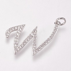 Letter W Brass Micro Pave Cubic Zirconia Letter Pendants, Platinum, Letter.W, 24x18x2mm, Hole: 3mm
