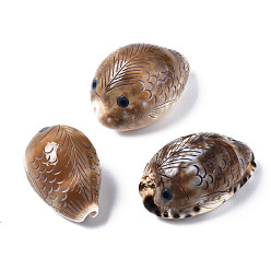 Tan Printed Natural Cowrie Shell Beads, No Hole, Fish, Tan, 51~58x33~37x28~32mm