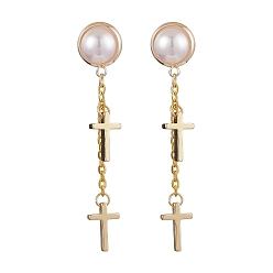 Golden Brass Stud Earring Findings, with Loop, ABS Plastic Imitation Pearl, Cross, White, Golden, 59x12mm