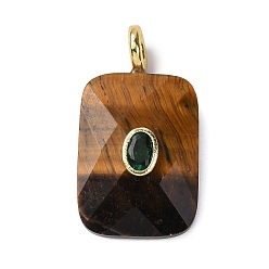 Тигровый глаз Граненые подвески из натурального тигрового глаза, Прямоугольные подвески с латунными фианитами в оправе., стойки покрытие, золотые, 33~34x18x7.5~8 мм, отверстие : 4 мм