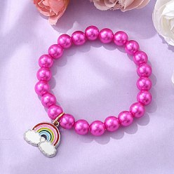 Фуксин АБС-пластик имитация жемчужных бусин эластичные браслеты, браслеты из сплава эмали для женщин, радуга, фуксиново-красные, внутренний диаметр: 1-3/4 дюйм (4.5 см)