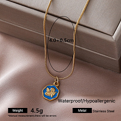Deep Sky Blue Vintage 304 Stainless Steel Flat Round with Angel Pendant Necklaces for Women, Golden, Deep Sky Blue, 15.75 inch(40cm)