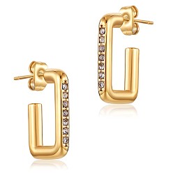 Golden Clear Cubic Zirconia Rectangle Stud Earrings, 430 Stainless Steel Half Hoop Earrings for Women, Golden, 20x13x3mm