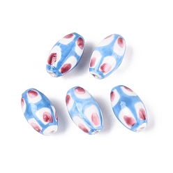 Light Sky Blue Handmade Porcelain Beads, Hand Painted Ceramic Beads, Oval with Abstract Pattern, Famille Rose Porcelain, Light Sky Blue, 16~17x8~10mm, Hole: 1.6~2.5mm
