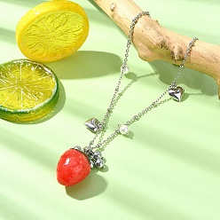 Platinum Shell Pearl & Resin Red Strawberry Pendant 304 Stainless Steel Satellite Chain Necklaces for Women, Platinum, 28.15 inch(71.5cm)