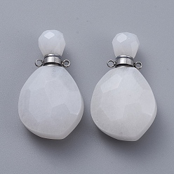 White Jade Faceted Natural White Jade Openable Perfume Bottle Pendants, with 304 Stainless Steel Findings, Stainless Steel Color, 38~39.5x22.5~23x11~13.5mm, Hole: 1.8mm, Bottle Capacity: 1ml(0.034 fl. oz)