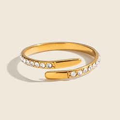 Real 18K Gold Plated 304 Stainless Steel Rhinestone Cuff Open Rings for Women, Real 18K Gold Plated, 2mm, Inner Diameter: 17mm