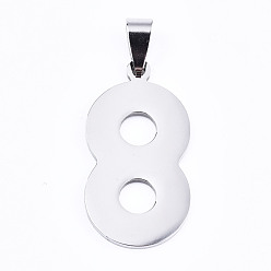 Number Non-Tarnish 201 Stainless Steel Pendants, Laser Cut, Number, Stainless Steel Color, Num.8, 34x17.5x1.5mm, Hole: 4.5x5mm