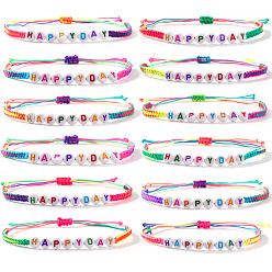(52) Непрозрачная лаванда 12шт. акриловых бусин, плетеные браслеты, Браслеты из полиэстерного шнура, сплетенные в знак дружбы., плоский круглый со словом счастливым, разноцветные, 11.02 дюйм (28 см)