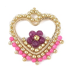 Ruby Natural Ruby Faceted Round Beaded Copper Wire Wrapped Pendants, Brass Heart Charms with Glass Seed Beads, Golden, 27x26x3.5mm, Hole: 3.5mm
