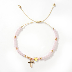 Pink Браслеты из латуни и сплавов с подвесками, стеклянные бусины плетеные браслеты из бисера для женщин, крест и сердце, розовые, 11.02 дюйм (28 см)