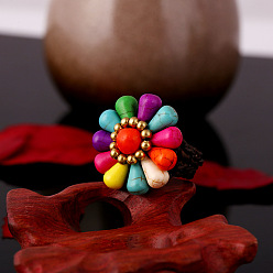 Разноцветный Бирюзовый восковой риз и латунные перстни, цветок, красочный, внутренний диаметр: 18 мм