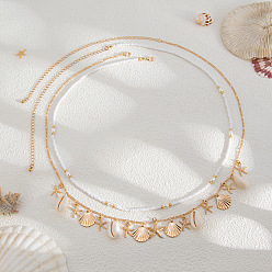 Золотой Летние пляжные цепочки на талию из искусственной ракушки с кисточками и стеклянным бисером, двухслойные., Женские цепи из сплава железа для тела, кремово-белые, золотые, 700 мм, 2 шт / комплект