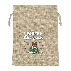 Рождественская елка Рождественские упаковочные пакеты из мешковины с принтом, сумки на шнурке, прямоугольные, загар, рождественская елка, 18x13x0.01 см