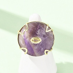 Amethyst Natural Amethyst Cuff Rings, Round, Brass Micro Pave Cubic Zirconia Cuff Open Rings, Faceted, Golden, US Size 8 1/2(18.5mm)