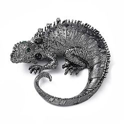 Черный Цвет Металла Сплав горный хрусталь брошь, ящерица, металлический черный , 64x67x15 мм