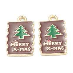 Coconut Brown Alloy Enamel Pendants, for Christmas, Light Gold Plated, Rectangle with Tree Pattern, Coconut Brown, 21x12x1mm, Hole: 1mm