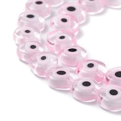 Pink Handmade Evil Eye Lampwork Flat Round Bead Strands, Pink, 8x3.2mm, Hole: 1mm, about 49pcs/strand, 14.56 inch