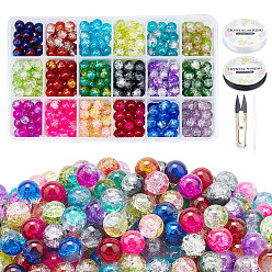 Mixed Color DIY Baking Painted Crackle Glass Beads Stretch Bracelet Making Kits, include Sharp Steel Scissors, Elastic Crystal Thread, Stainless Steel Beading Needles, Mixed Color, Beads: 8mm, Hole: 1.3~1.6mm, 630pcs/set