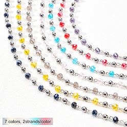 Mixed Color Olycraft Glass Rondelle Beads Chains for Necklaces Bracelets Making, with Electroplate Round Glass Beads and Iron Eye Pin, Unwelded, Mixed Color, 39.3 inch, 7 colors, 2strands/color, 14strands/box