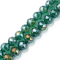 Морско-зеленый Гальванизируйте прозрачное стекло бисер нитей, с половиным покрытием, граненые, круглые, цвета морской волны, 10x8.5 мм, отверстие : 1.2 мм, около 58~60 шт / нитка, 21.06~21.85 дюйм (53.5~55.5 см)