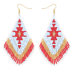 Красный Элегантные серьги-подвески из стеклянных бусин ручной работы в форме ромба, золотые, красные