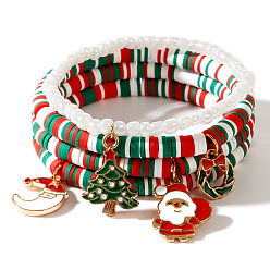 (52) Непрозрачная лаванда Рождество 304 Браслеты из нержавеющей стали с эмалированными подвесками в виде рождественской елки, Санта-Клауса и луны, Набор украшений из полимерной глины в виде хайши и искусственного жемчуга из смолы для женщин., разноцветные, регулируемый