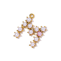 Letter M 304 подвески из нержавеющей стали, с абс пластмассовой имитационной жемчужиной, ионное покрытие (ip), реальный 18 k позолоченный, зеркальная полировка, Буква М, 15.5x15 мм, отверстие : 1 мм