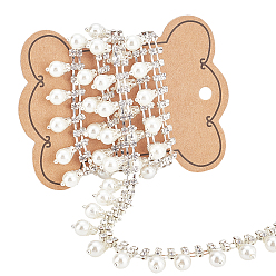 Silver Brass & ABS Imitation Pearl & Rhinestone Cup Chains, with Iron, with Card Paper, Silver, 20x8mm, 1 Yard