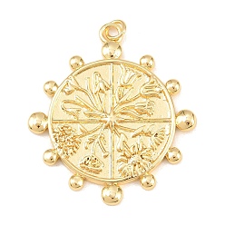 Настоящее золото 18K Латунные подвески, плоский круглый с цветными чарами, долговечный, стойки покрытие, без свинца и без кадмия, реальный 18 k позолоченный, 39x34.5x3 мм, отверстие : 3.5 мм