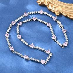 Platinum Brass Pave Pink Cubic Zirconia Heart Link Chain Necklaces, Cadmium Free & Lead Free, Rack Plating, Long-Lasting Plated, Platinum, 17.60 inch(44.7cm)