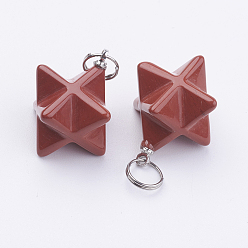 Красный Камень Природные красной яшмы подвески, с 201 разрезными кольцами из нержавеющей стали, цвет нержавеющей стали, Звезда Меркабы, 22~23x16.5~17x19 мм, отверстие : 6 мм
