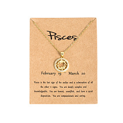 Рыбы Латунные микропаве прозрачные кубические цирконии плоские круглые подвески в виде созвездий, ожерелья из нержавеющей стали, золотые, Рыбы, 19.69 дюйм (50 см)
