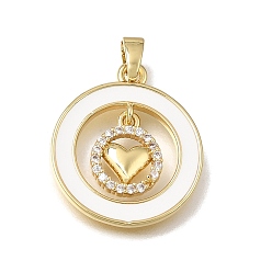 Golden Brass Micro Pave Clear Cubic Zirconia with White Enamel Pendants, Ring with Heart Charms, Rack Plating, Long-Lasting Plated, Cadmium Free & Lead Free, Golden, 21x18x2mm, Hole: 5mm
