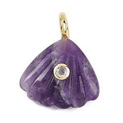 Аметист Резные подвески из натурального аметиста, подвески в форме ракушки с кубическим цирконием и латунной фурнитурой, золотые, стойки покрытие, 28x22x8 мм, отверстие : 4 мм