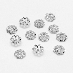 Real Platinum Plated 7-Petal Brass Caps, Long-Lasting Plated, Real Platinum Plated, Nickel Free, Flower, 8x3mm, Hole: 1mm