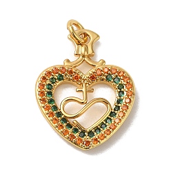 Real 18K Gold Plated Rack Plating Brass Micro Pave Cubic Zirconia Pendants, with Jump Ring, Long-Lasting Plated, Lead Free & Cadmium Free, Heart with Cross Charm, Real 18K Gold Plated, 22.5x18x3mm, Hole: 3.5mm