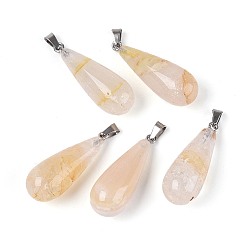 Yellow Hematoid Quartz Подвески из натурального желтого гематоидного кварца, слезинки, с 201 защелкой из нержавеющей стали на поручнях, цвет нержавеющей стали, 32.5~36x12~12.5 мм, отверстие : 5.5x2.5 мм