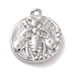 Платина Латунные подвески с прозрачными кубическими цирконами, плоский круг с подвесками в виде насекомых, без кадмия, без никеля и без свинца, платина, 14x12x2.5 мм, отверстие : 1 мм