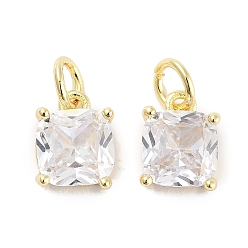 Clear Brass Micro Pave Cubic Zirconia Charms, with Jump Ring, Suqare, Real 18K Gold Plated, Clear, 9.5x7x3.5mm, Hole: 2.5mm