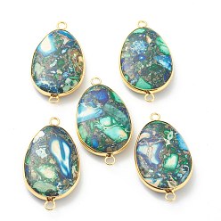 Имперская яшма Соединители из натуральной имперской яшмы, окрашенная и подогревом, с золотыми латунными краями, Плоско-овальные, 30~39x17~21x6~6.5 мм, отверстие : 1~2 мм