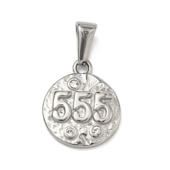 Нержавеющая Сталь Цвет Текстурированные 304 подвески из нержавеющей стали, плоский круглый с подвеской в виде цифры 5, со стразами, цвет нержавеющей стали, 18x15x3 мм, отверстие : 7x3.7 мм