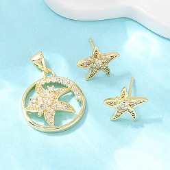 Морская звезда Комплект из латунного кулона и серег-гвоздиков с микропаве из кубических цирконий для женщин, реальный 18 k позолоченный, морская звезда, 10x11.5 мм, 20x17.5x4 мм, отверстие : 5x3.5 мм