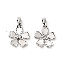 Real Platinum Plated Brass Pave Shell Pendants, Flower Charms with Clear Glass, Real Platinum Plated, 15.5x13.5x1.5mm, Hole: 3mm