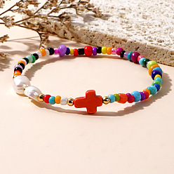 Разноцветный Женские плетеные браслеты в стиле бохо из стеклянных бусин и синтетической бирюзы, с имитацией жемчуга, красочный, внутренний диаметр: 11 дюйм (28 см)